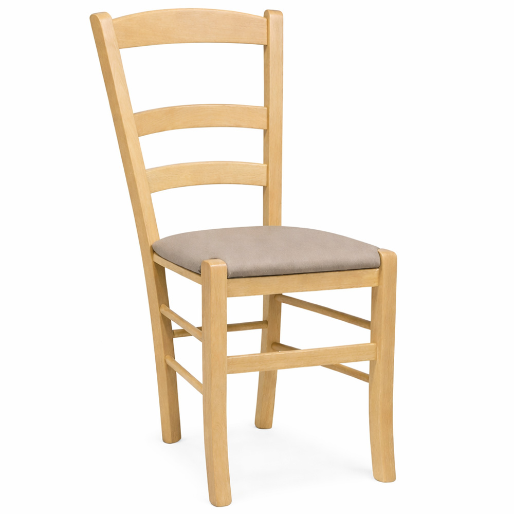 Sedie da sala da pranzo paesana in legno naturale con seduta imbottita tortora.